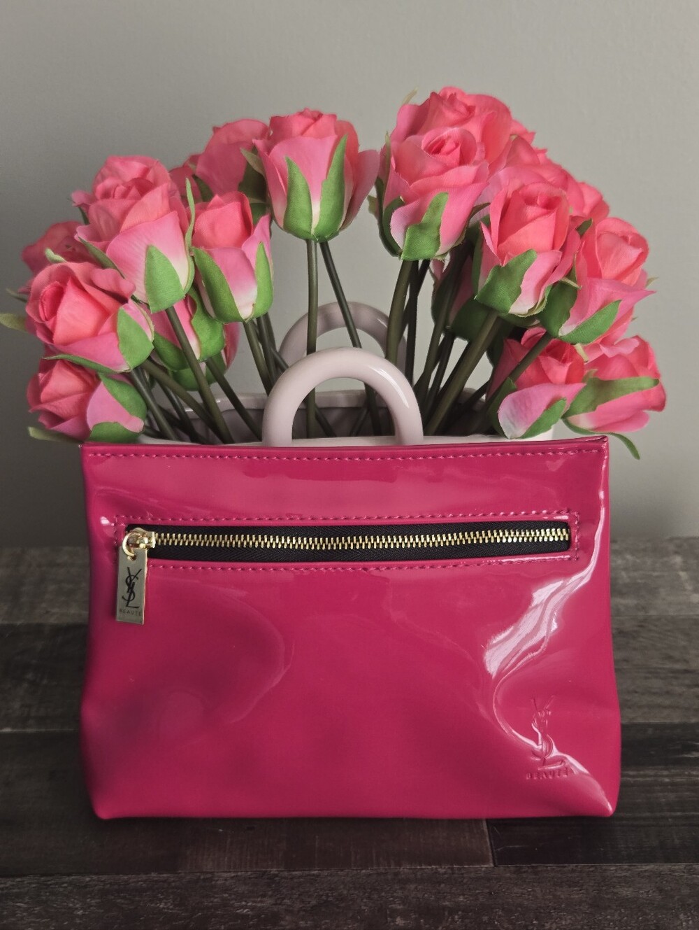 Saint Laurent Hot Pink Patent Leather Cosmetic Pouch with Gold Zip